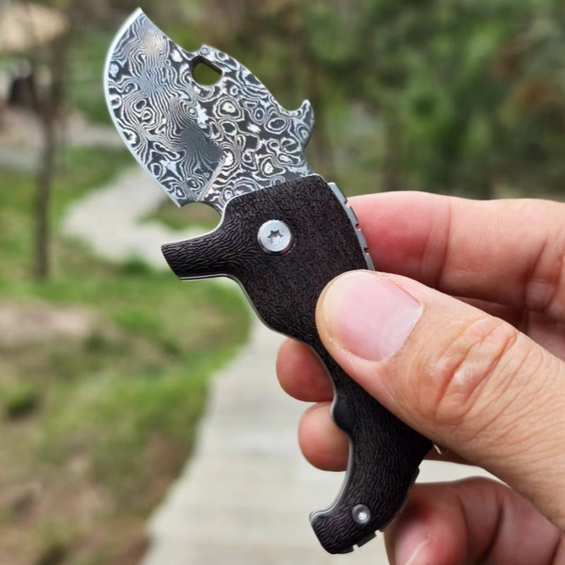 Little Bulldog Damascus Steel Pocket Knife EDC Mini Folding Knife Hand-forged Knife