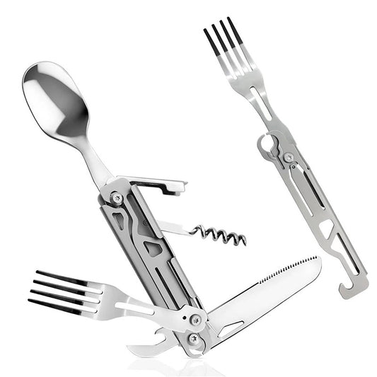 6 in 1 Multifunctional Camping Cutlery Outdoor Folding Tableware Stainless Knife Fork Spoon Portable