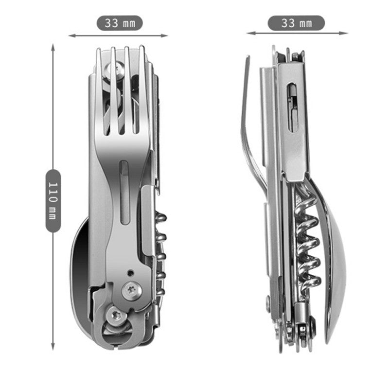 6 in 1 Multifunctional Camping Cutlery Outdoor Folding Tableware Stainless Knife Fork Spoon Portable - hakatoy