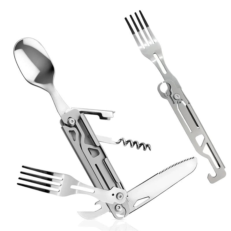 6 in 1 Multifunctional Camping Cutlery Outdoor Folding Tableware Stainless Knife Fork Spoon Portable - hakatoy