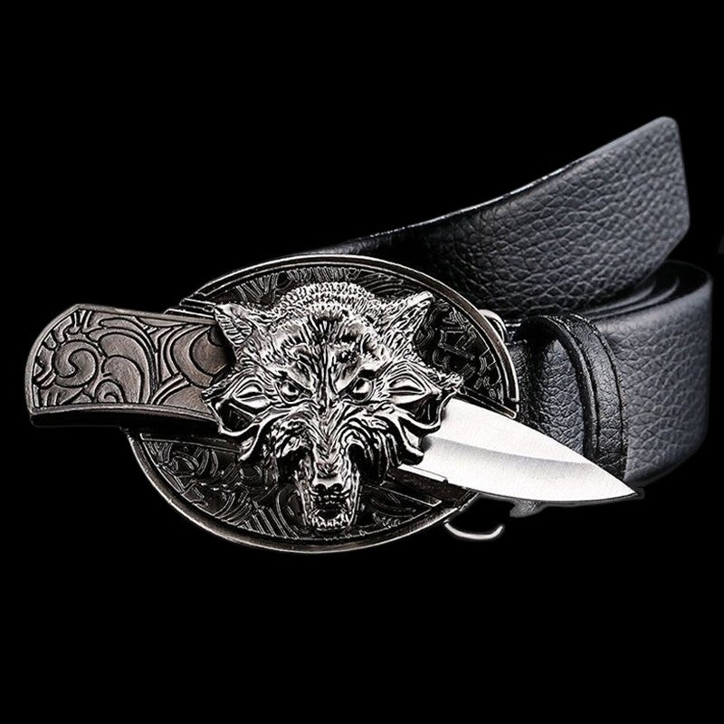 Tactical Self-defense Belt Buckle with Knife Men Leather Belt Hide Self-defense Knife