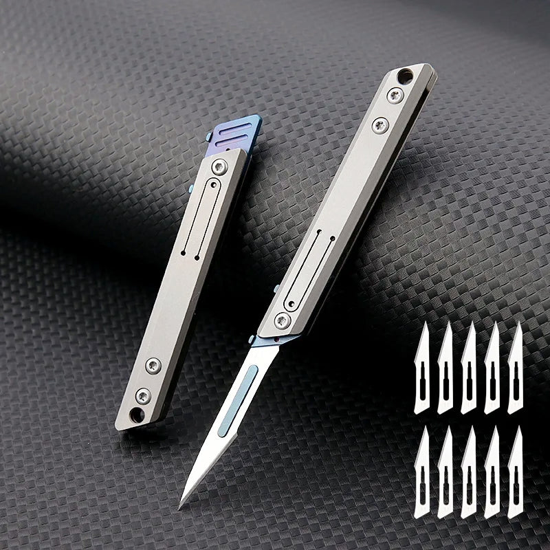 Titanium Alloy Mini Utility Knife with 10pcs Replaceable Blades