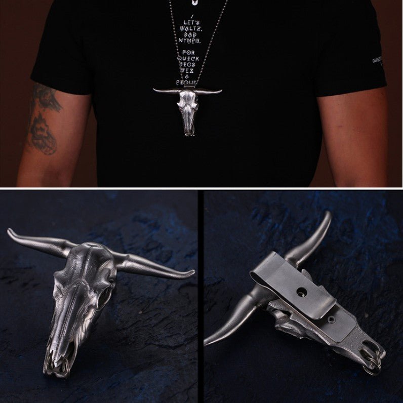 Bull Headgear Belt Buckle EDC Tactical Stainless Steel Folding Cutter Necklace Pendant Survival Tool - hakatoy