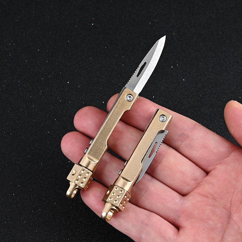 Mini Brass Dice Gyro Folding Knife EDC Unboxing Portable Knife Keychain