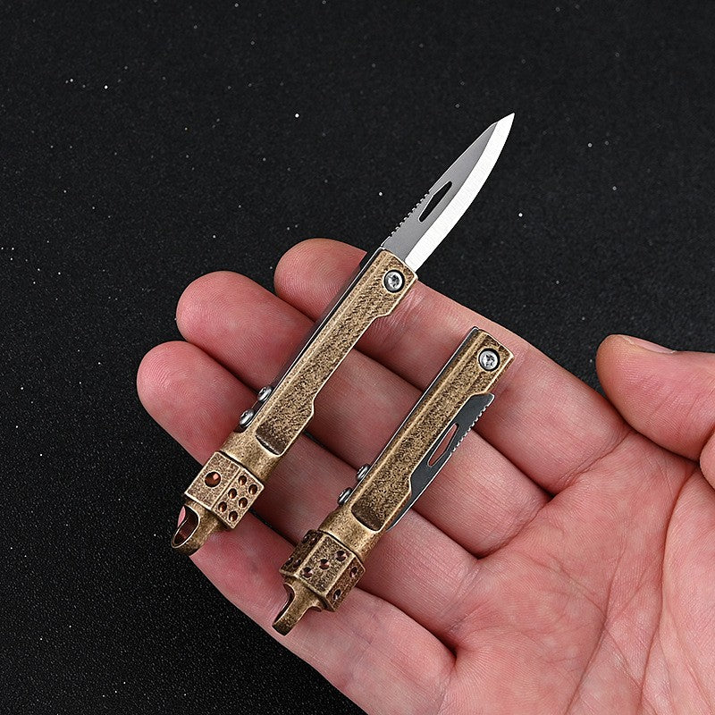 Mini Brass Dice Gyro Folding Knife EDC Unboxing Portable Knife Keychain