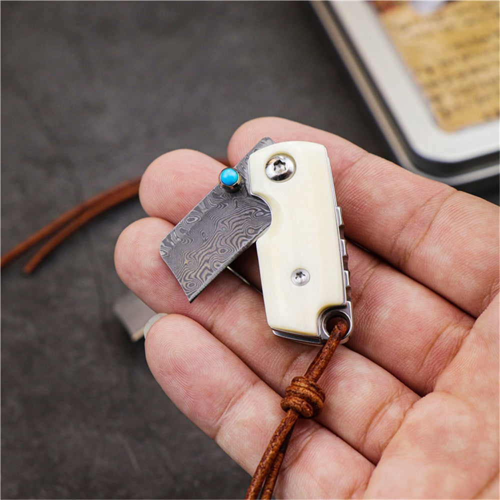 Mini Damascus Magic Bean Folding Knife Ox bone handle Mini Tactical Outdoor Knife