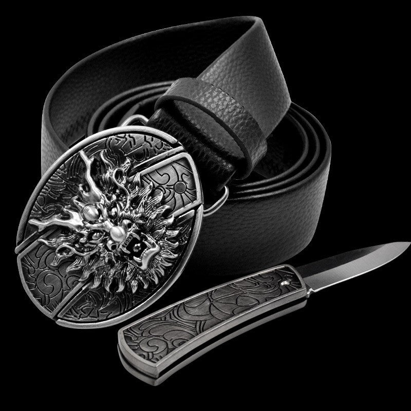 Tactical Self-defense Belt Buckle with Knife Men Leather Belt Hide Self-defense Knife