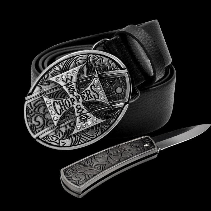 Tactical Self-defense Belt Buckle with Knife Men Leather Belt Hide Self-defense Knife