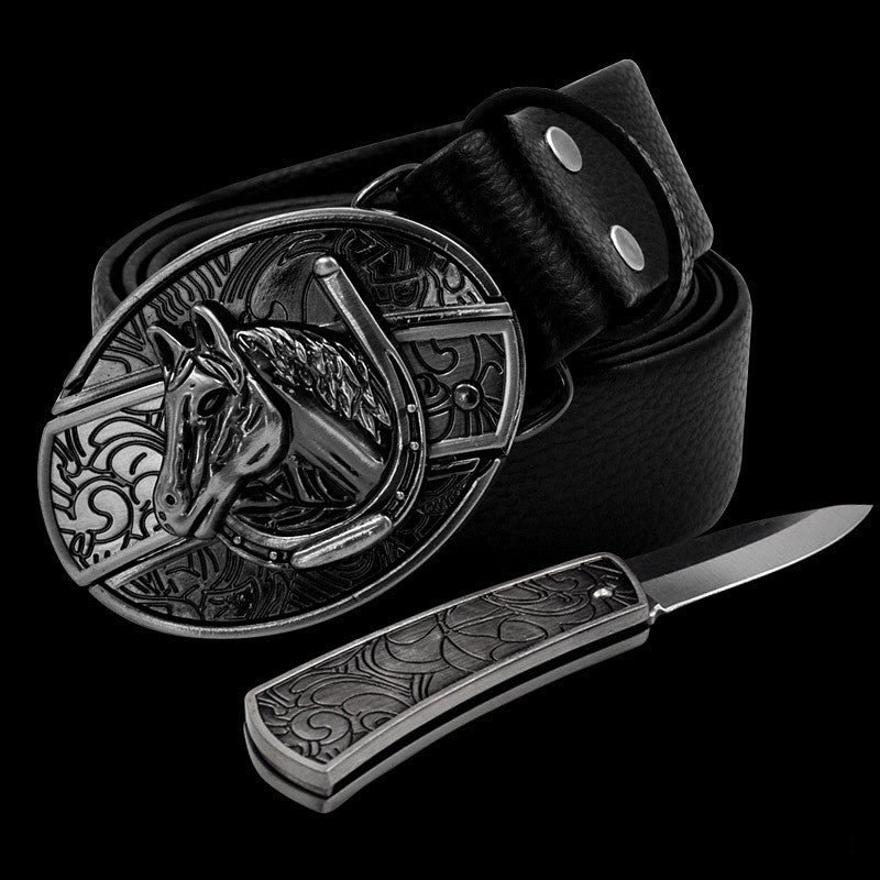 Tactical Self-defense Belt Buckle with Knife Men Leather Belt Hide Self-defense Knife