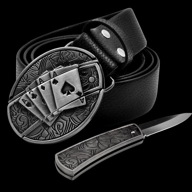 Tactical Self-defense Belt Buckle with Knife Men Leather Belt Hide Self-defense Knife