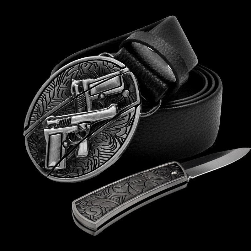 Tactical Self-defense Belt Buckle with Knife Men Leather Belt Hide Self-defense Knife