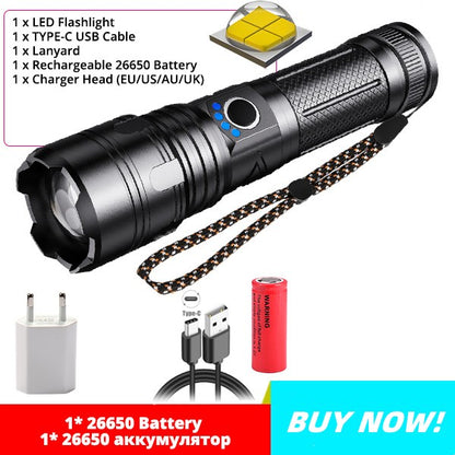 Powerful LED Flashlight Zoomable Tactical Flashlight Portable & Rechargeable